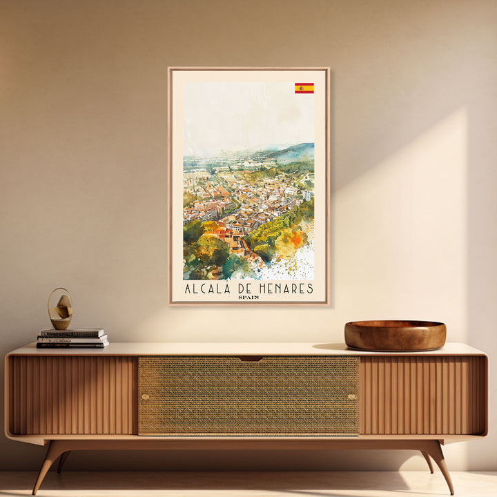 Alcalį de Henares Spain Aerial View Travel Poster Art, Framed Canvas Print, Stunning Wall Art for Living Room and Bedroom Decor
