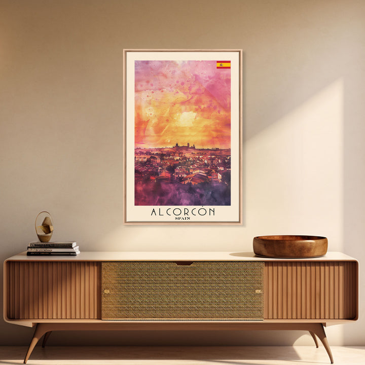 Alcorcón Spain Sunset Skyline Travel Poster Art, Framed Canvas Print, Beautiful Wall Art for Living Room or Bedroom, Home Decoration
