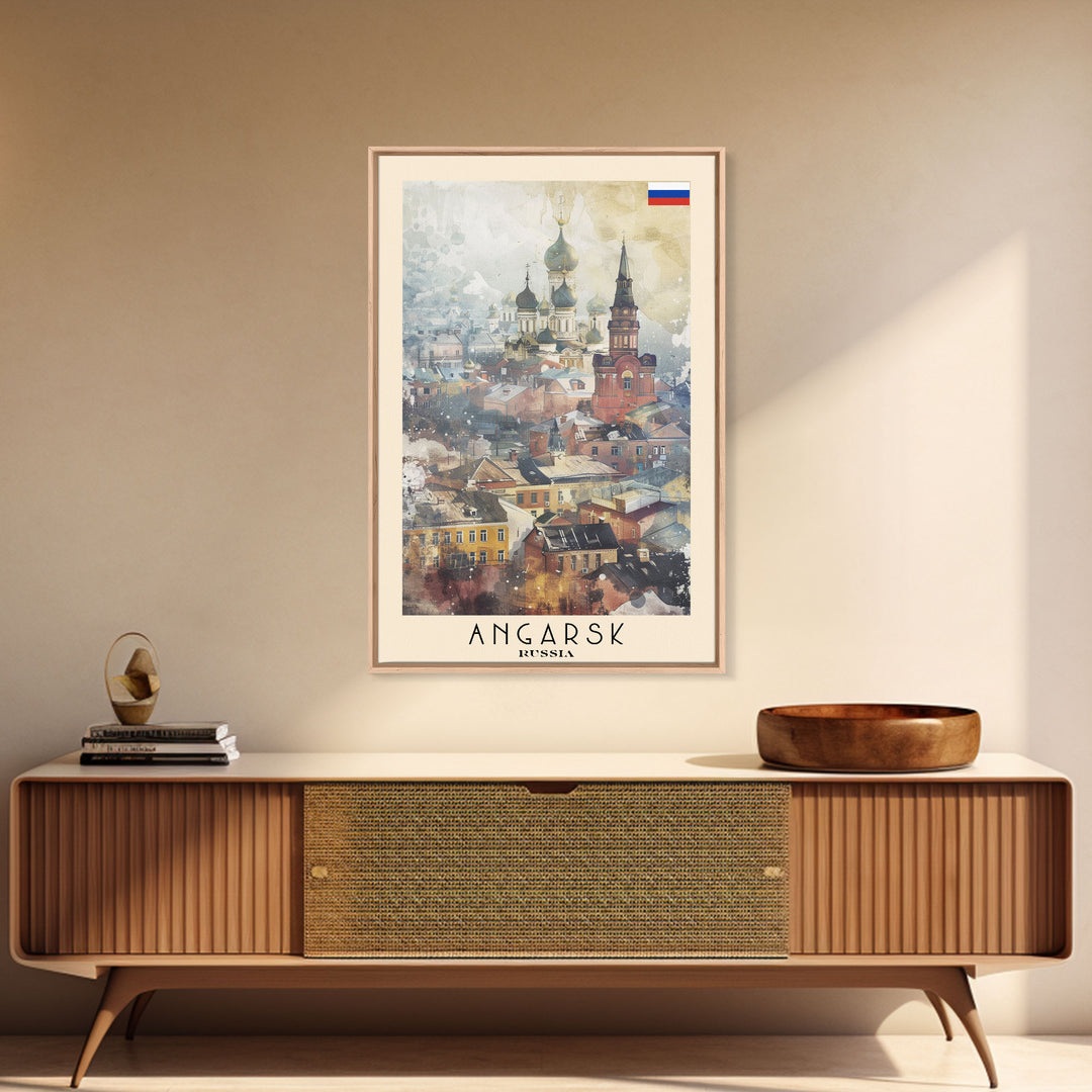 Beautiful Angarsk Skyline, Framed Canvas Print, Unique Travel Poster Art, Living Room Wall Decor, Minimalist Style, Watercolor Painting