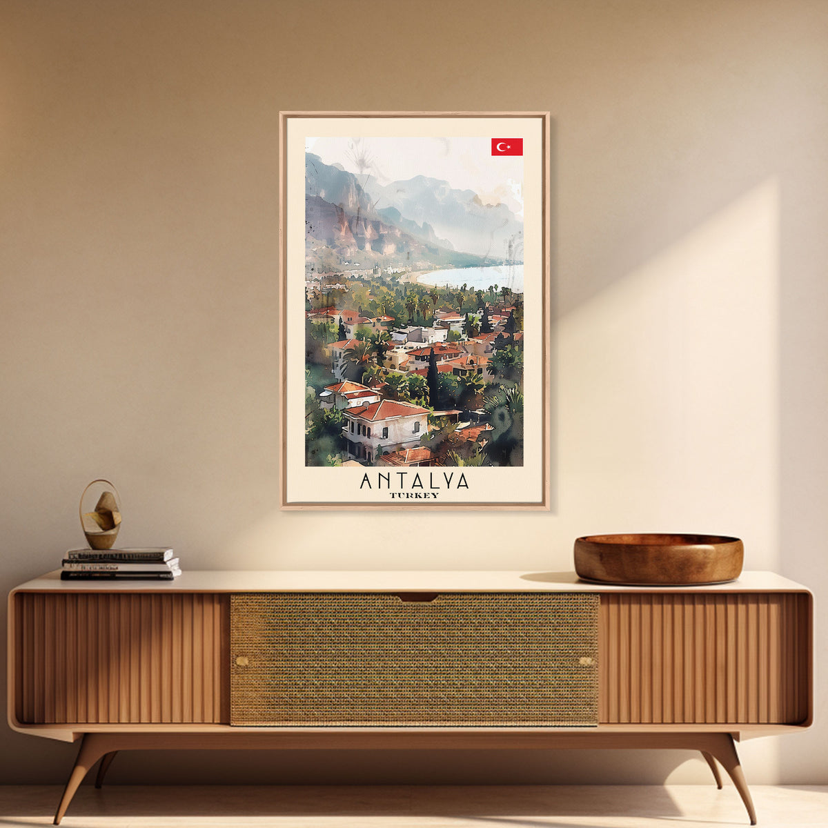 Picturesque Antalya Coastline, Framed Canvas Print, Ideal for Living Room Art, Travel Poster, Boho Wall Decor, Watercolor Art