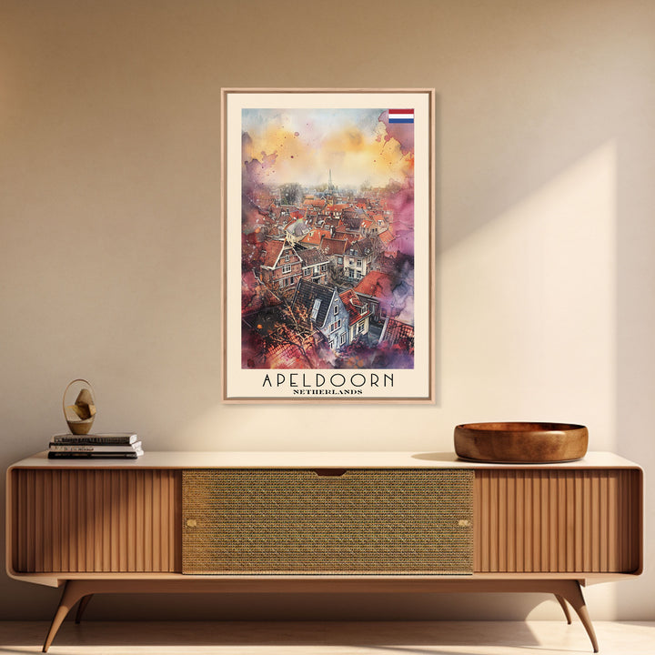 Scenic Apeldoorn Rooftops, Framed Canvas Print, Perfect for Living Room Art, Travel Poster, Boho Wall Decor, Watercolor Painting