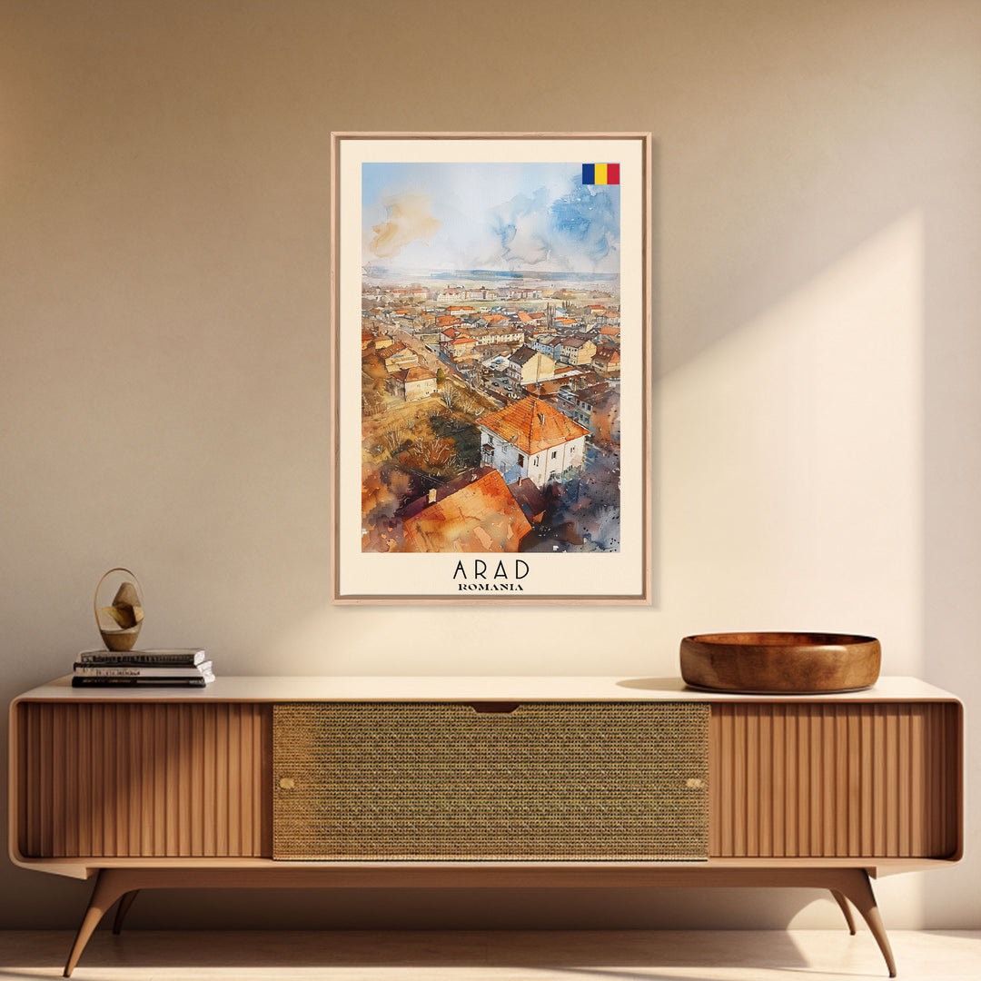 Serene Arad Cityscape, Framed Canvas Print, Ideal for Bedroom Art, Travel Poster, Rustic Home Decoration, Watercolor Art