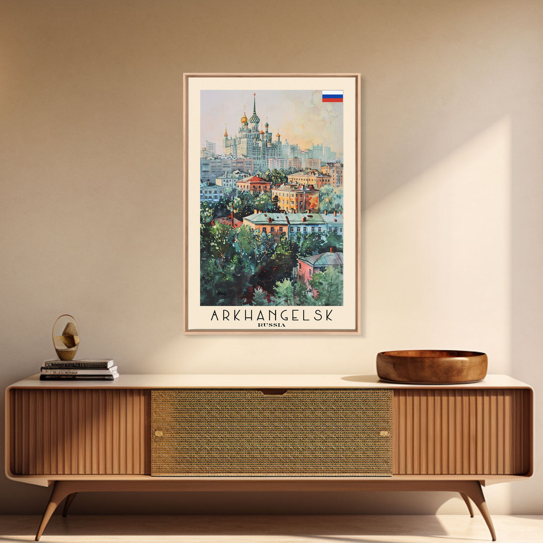 Majestic Arkhangelsk View, Framed Canvas Print, Perfect for Living Room Art, Travel Poster, Boho Home Decor, Watercolor Art