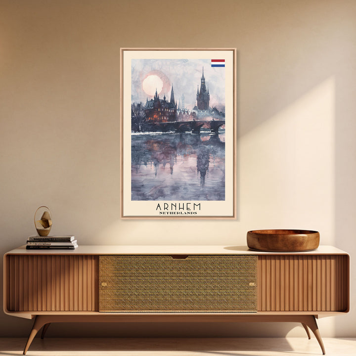 Arnhem Netherlands Travel Poster Framed Canvas Print, Wall Art, Home Decor, Vacation Print, Watercolor Painting, Cityscape Art