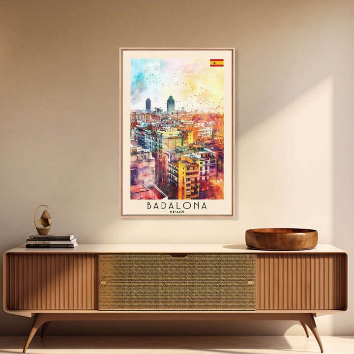 Badalona Spain Travel Poster Framed Canvas Print, Wall Art, Home Decor, Travel Print, Watercolor Painting, Urban Cityscape, Original Art