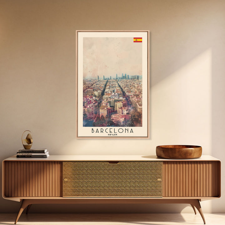 Barcelona Spain Travel Poster Framed Canvas Print, Wall Art, Home Decor, Travel Print, Watercolor Painting, Urban Scene, Vibrant Colors