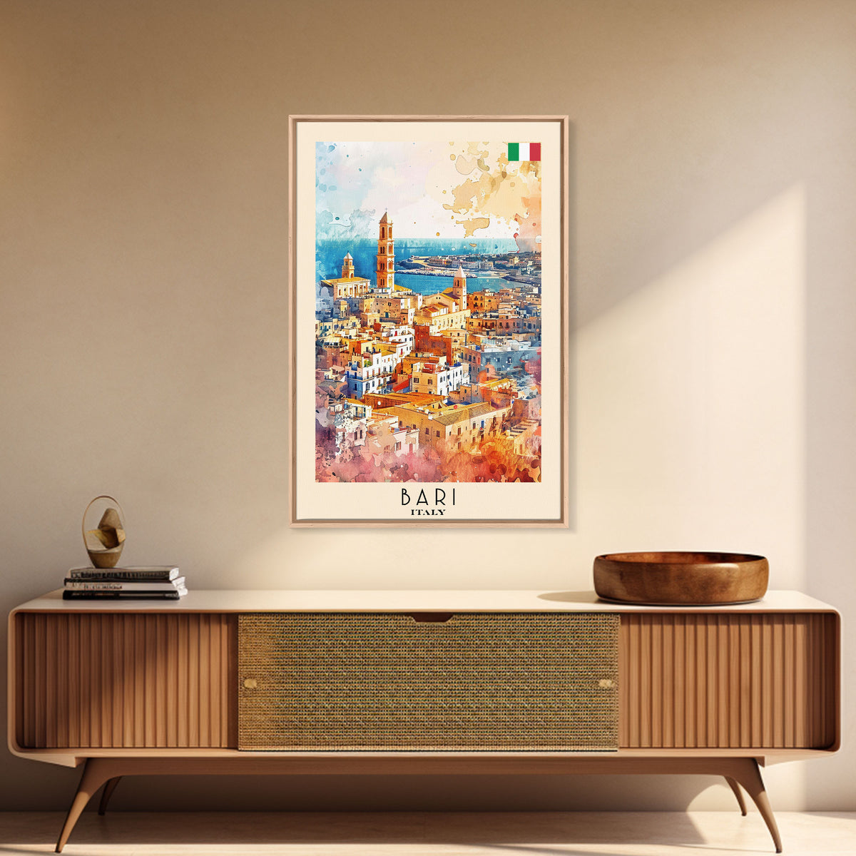 Bari Italy Travel Poster Framed Canvas Print, Wall Art, Home Decor, Watercolor Painting, Vacation Gift, Minimalist Art