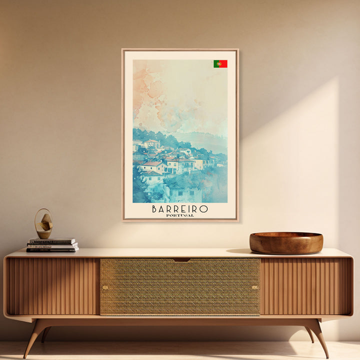 Barreiro Portugal Travel Poster Framed Canvas Print, Wall Art, Bedroom Decor, Watercolor Painting, Minimalist Art, Home Decoration