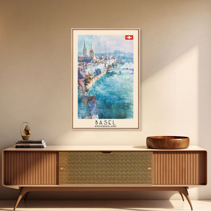 Basel Switzerland Travel Poster Framed Canvas Print, Wall Art, Home Decor, Watercolor Painting, Vacation Gift, Minimalist Art