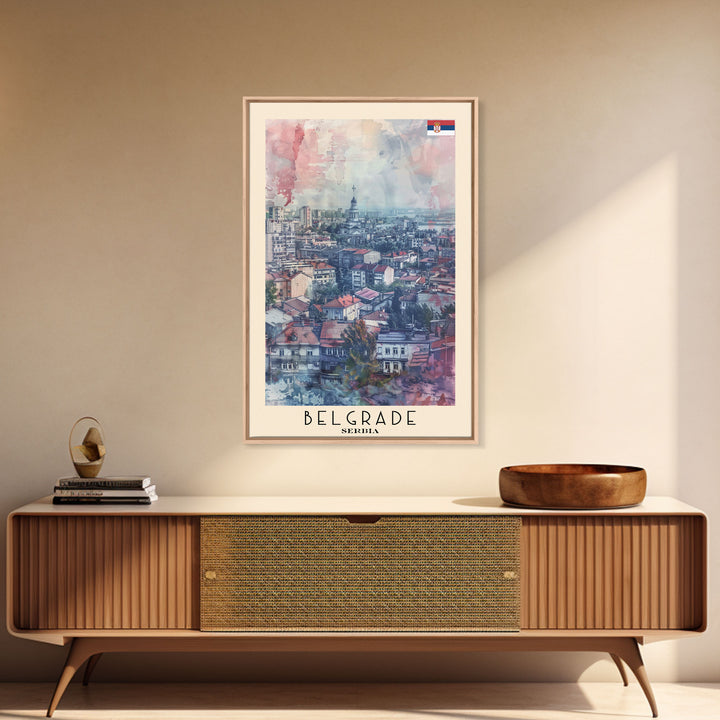 Belgrade Serbia Travel Poster Framed Canvas Print, Wall Art, Living Room Art, Watercolor Painting, Original Art, Vacation Gift