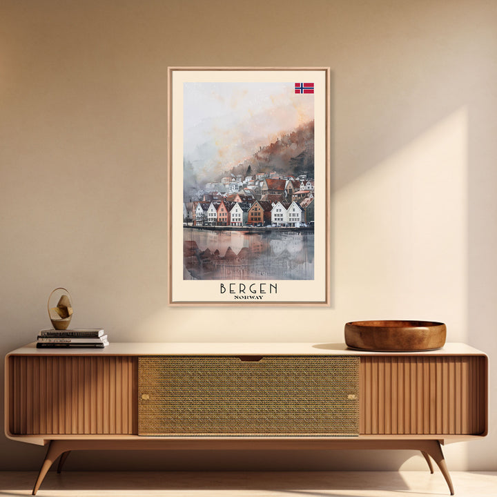 Bergen Norway Travel Poster Framed Canvas Print, Watercolor Painting, Wall Art, Home Decor, Boho Art, Scenic Travel Print