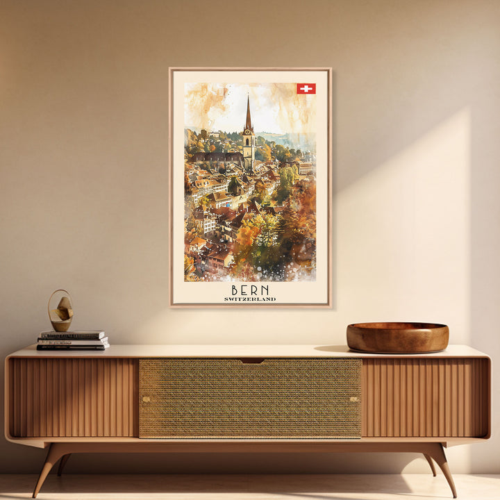 Bern Switzerland Travel Poster Framed Canvas Print, Watercolor Painting, Wall Art, Home Decor, Travel Print, Scenic Art, Original