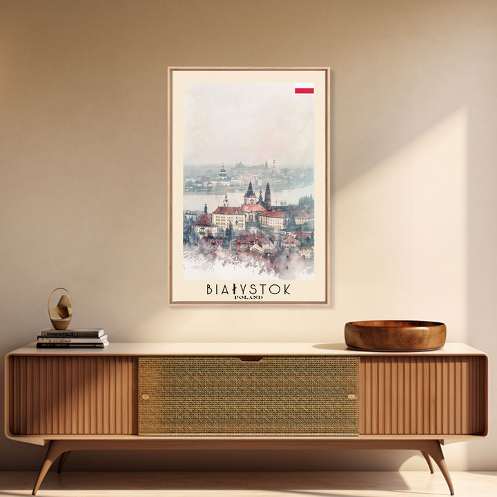 Białystok Poland Travel Poster Framed Canvas Print, Watercolor Art, Home Decor, Wall Art, Travel Print, Historic Cityscape Art
