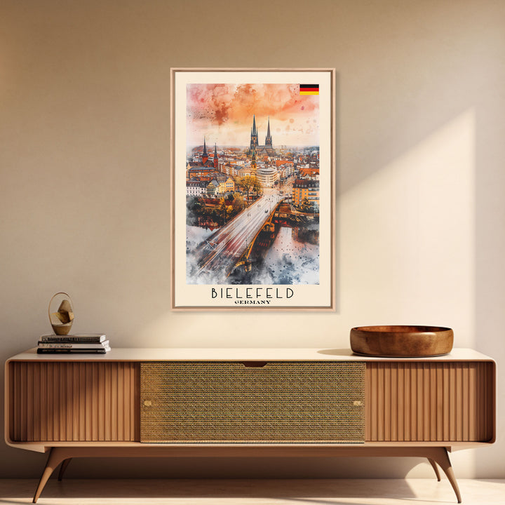 Bielefeld Germany Travel Poster Framed Canvas Print, Watercolor Art, Home Decor, Wall Art, Travel Print, Cityscape Art