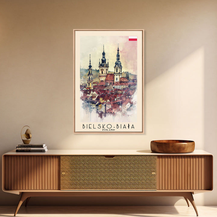 Bielsko-Biała Poland Travel Poster Framed Canvas Print, Watercolor Painting, Wall Art, Home Decor, Travel Print, Historic Cityscape