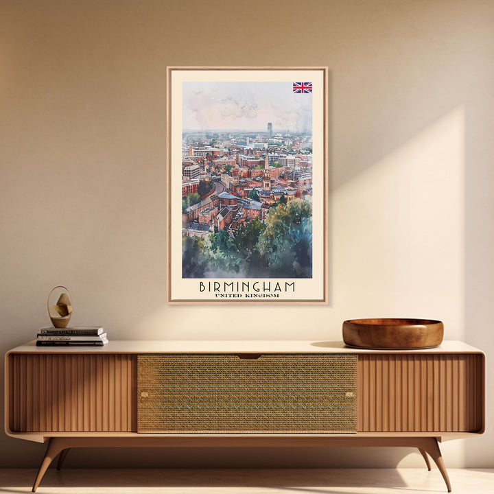 Birmingham United Kingdom Travel Poster Framed Canvas Print, Watercolor Art, Home Decor, Wall Art, Travel Print, Cityscape Art