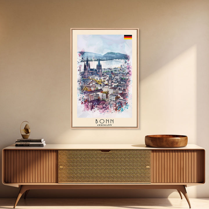 Bonn Germany Travel Poster Framed Canvas Print, Wall Art, Home Decor, Travel Print, River View, Watercolor Painting, Original Art