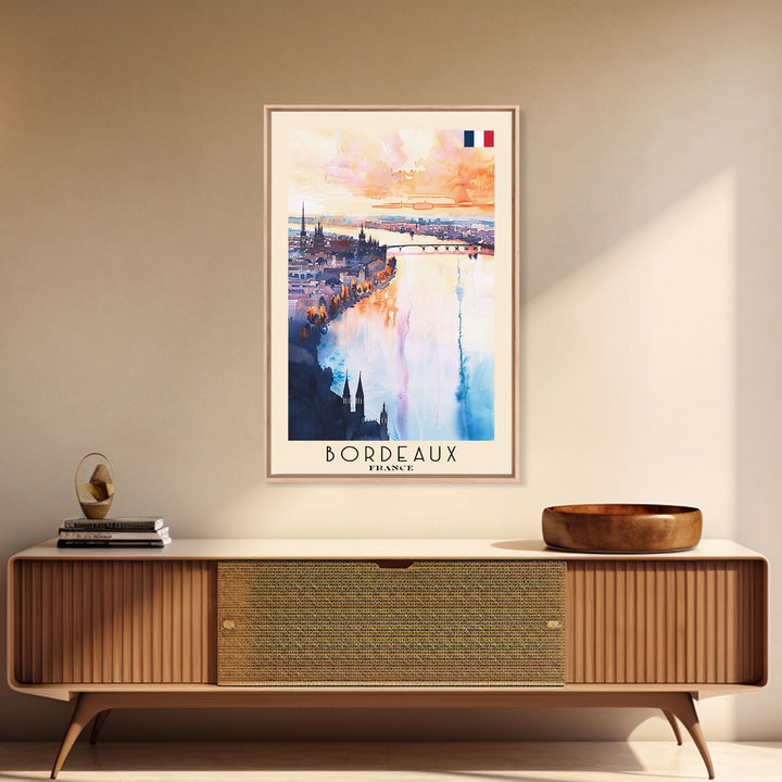 Bordeaux France Travel Poster Framed Canvas Print, Wall Art, Home Decor, Travel Print, Sunset View, Watercolor Art, Original Art