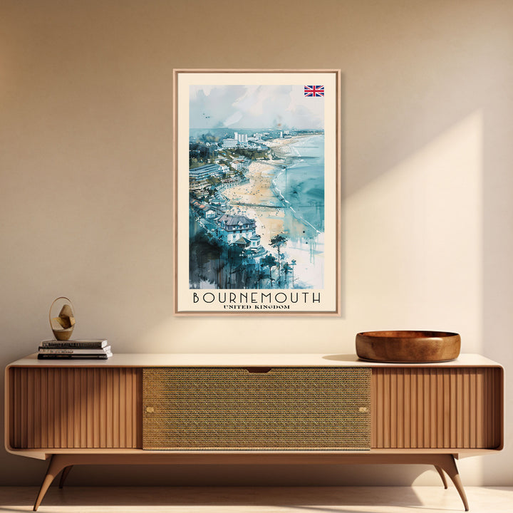 Bournemouth United Kingdom Travel Poster Framed Canvas Print, Wall Art, Home Decor, Travel Print, Beach View, Watercolor Art