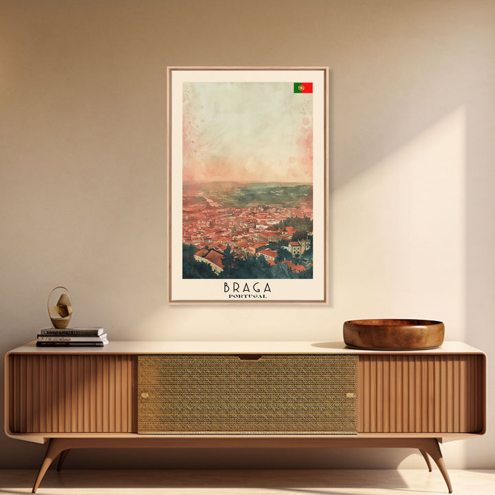 Braga Portugal Travel Poster Framed Canvas Print, Wall Art, Home Decor, Travel Print, Sunset Scene, Boho Art, Original Art