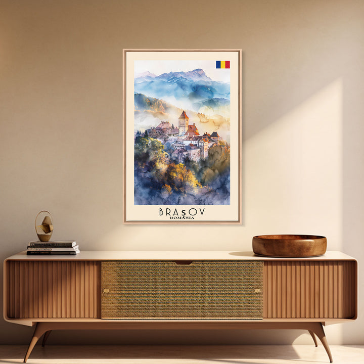 Bra?ov Romania Travel Poster Framed Canvas Print, Wall Art, Home Decor, Travel Print, Mountain View, Watercolor Painting, Original Art