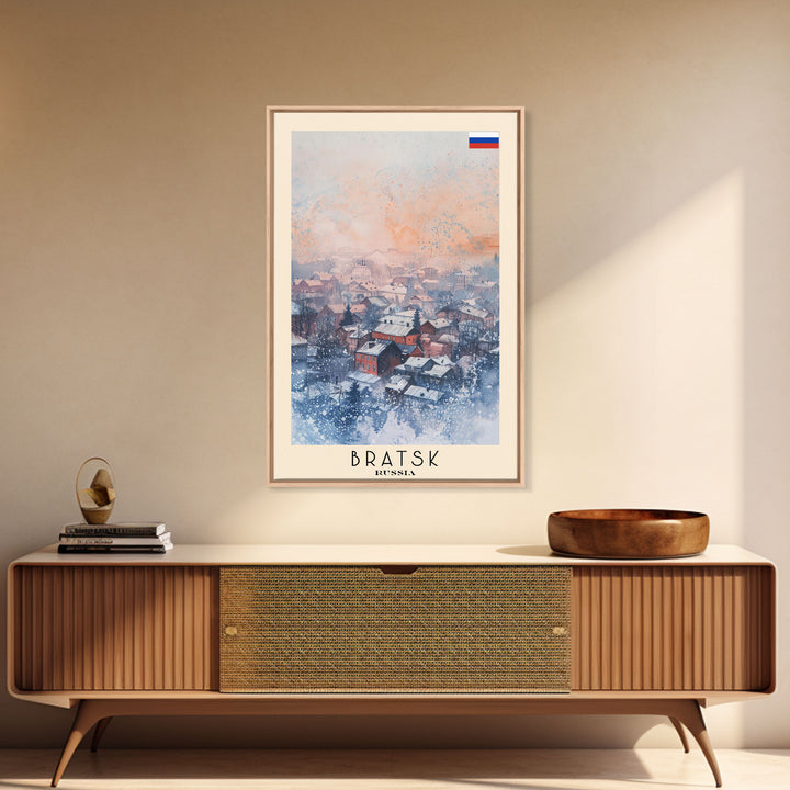 Bratsk Russia Travel Poster Framed Canvas Print, Winter Scene, Wall Art, Home Decor, Travel Print, Abstract Watercolor, Minimalist Art