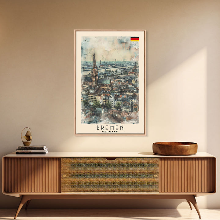 Bremen Germany Travel Poster Framed Canvas Print, Cityscape Art, Wall Decor, Travel Print, Watercolor Painting, Urban Scene, Minimalist Art