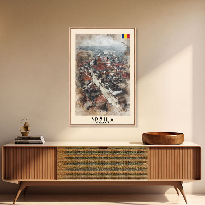 Brăila Romania Travel Poster Framed Canvas Print, Cityscape Art, Wall Decor, Travel Print, Watercolor Painting, Rustic Scene Art