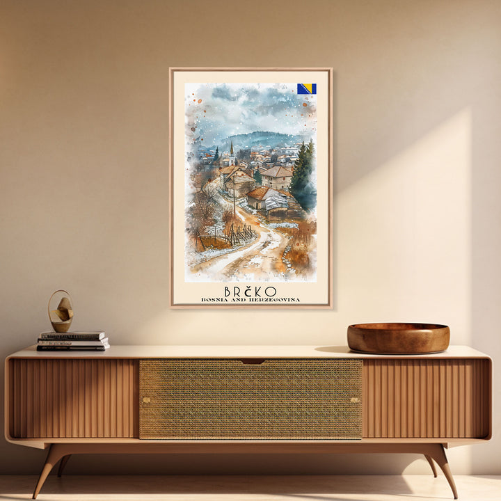 Brčko Bosnia Travel Poster Framed Canvas Print, Cityscape Art, Wall Decor, Travel Print, Watercolor Painting, Urban Scene Art