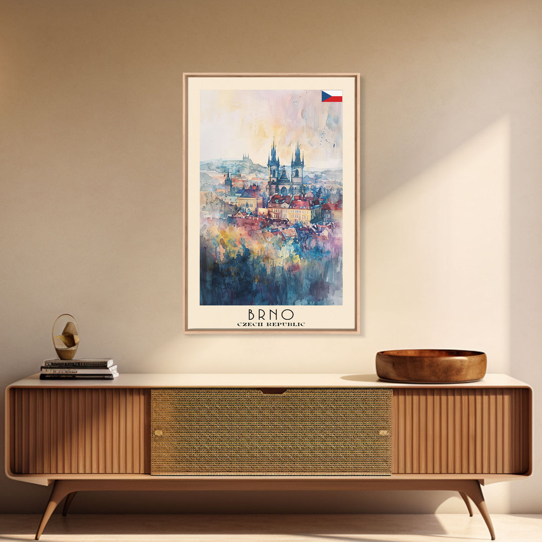 Brno Czech Republic Travel Poster Framed Canvas Print, Cityscape Art, Wall Decor, Travel Print, Watercolor Painting, Boho Style Art