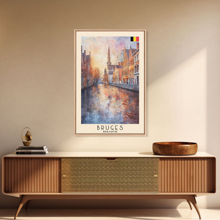 Bruges Belgium Travel Poster Framed Canvas Print, Watercolor Painting, Boho Wall Art, Home Decor, Living Room Art, Minimalist Travel Print
