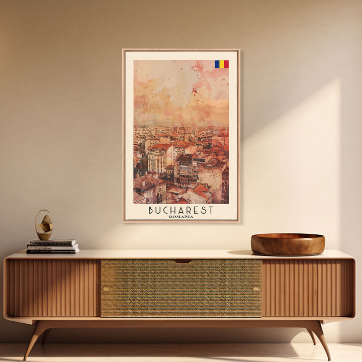 Bucharest Romania Travel Poster Framed Canvas Print, Abstract Cityscape, Boho Wall Art, Home Decor, Living Room Art, Watercolor Painting, Original Art