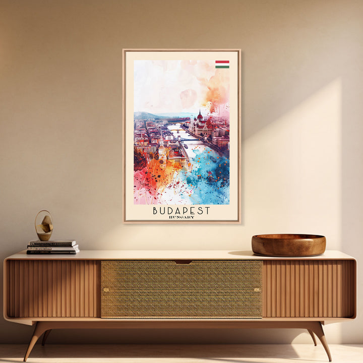 Budapest Hungary Travel Poster Framed Canvas Print, Colorful Watercolor Painting, Wall Art, Home Decor, Travel Print, Boho Style, Art Piece