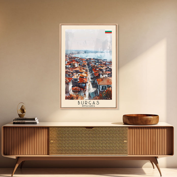 Burgas Bulgaria Travel Poster Framed Canvas Print, Coastal Cityscape, Watercolor Painting, Wall Art, Home Decor, Minimalist Travel Print, Urban Scene