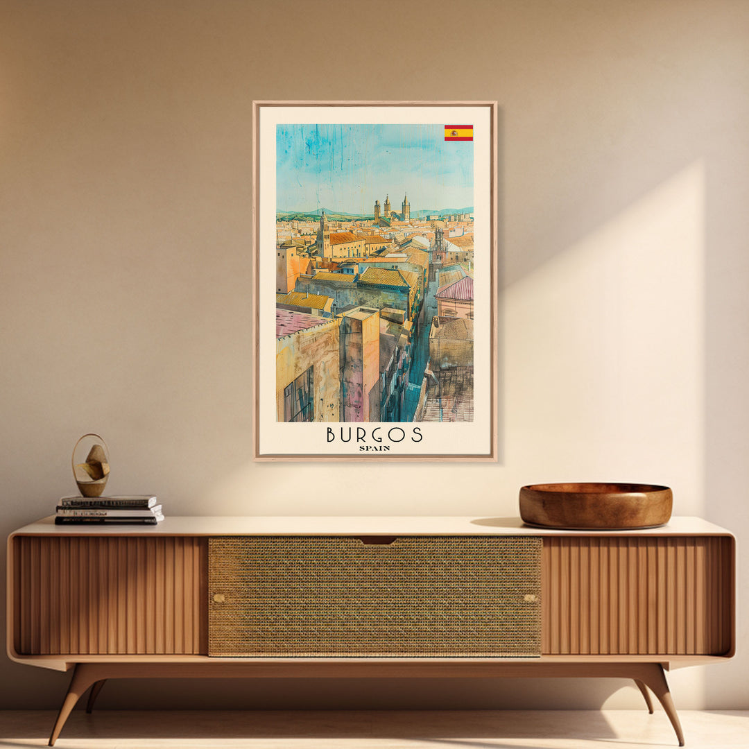 Burgos Spain Travel Poster Framed Canvas Print, Watercolor Cityscape, Wall Art, Home Decor, Living Room Art, Travel Print, Boho Style, Art Piece