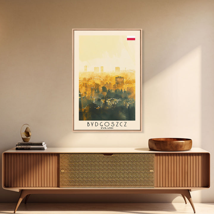 Bydgoszcz Poland Travel Poster Framed Canvas Print, Watercolor Cityscape, Wall Art, Home Decor, Travel Print, Boho Style, Art Piece