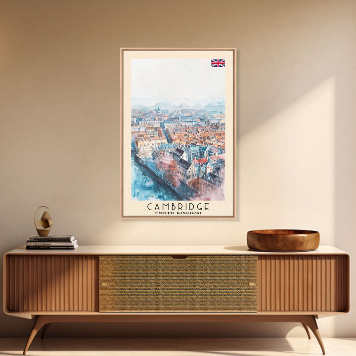 Cambridge United Kingdom Travel Poster Framed Canvas Print, Wall Art, Home Decor, Travel Print, Vacation Gift, Watercolor Painting, Original Art