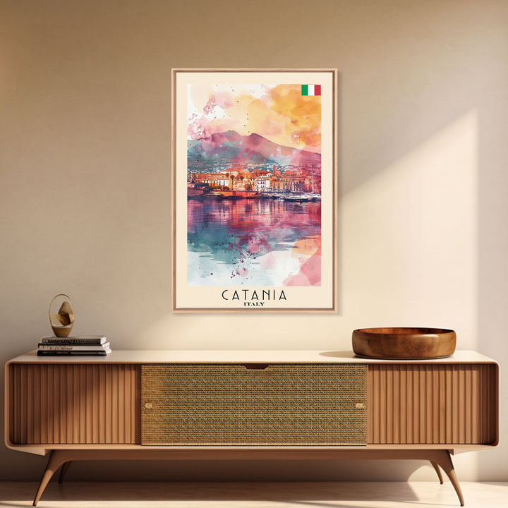 Catania Italy Travel Poster Framed Canvas Print, Wall Art, Home Decor, Travel Print, Vacation Gift, Watercolor Painting, Original Art