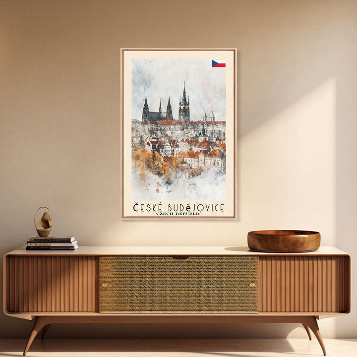 České Budějovice Czech Republic Travel Poster Framed Canvas Print, Wall Art, Home Decor, Travel Print, Vacation Gift, Watercolor Painting, Original Art