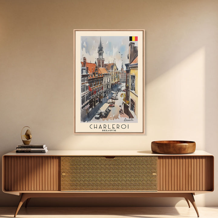 Charleroi Belgium Travel Poster Framed Canvas Print, Wall Art, Home Decor, Travel Print, Vacation Gift, Watercolor Painting, Original Art