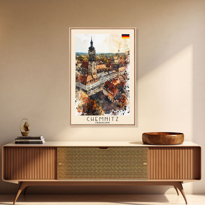 Chemnitz Germany Travel Poster Framed Canvas Print, Wall Art, Home Decor, Travel Print, Minimalist Watercolor Painting, Original Art