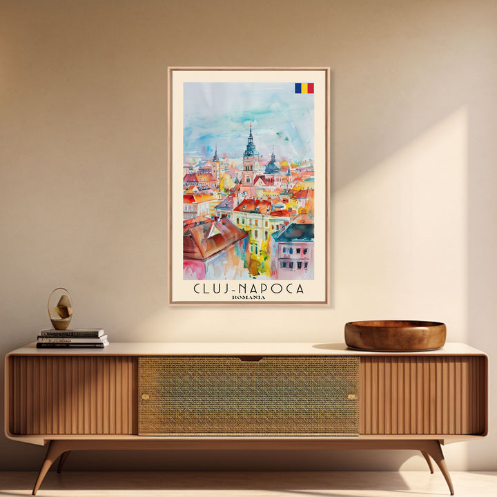 Cluj-Napoca Romania Travel Poster Framed Canvas Print, Wall Art, Home Decor, Travel Print, Boho Watercolor Painting, Original Art