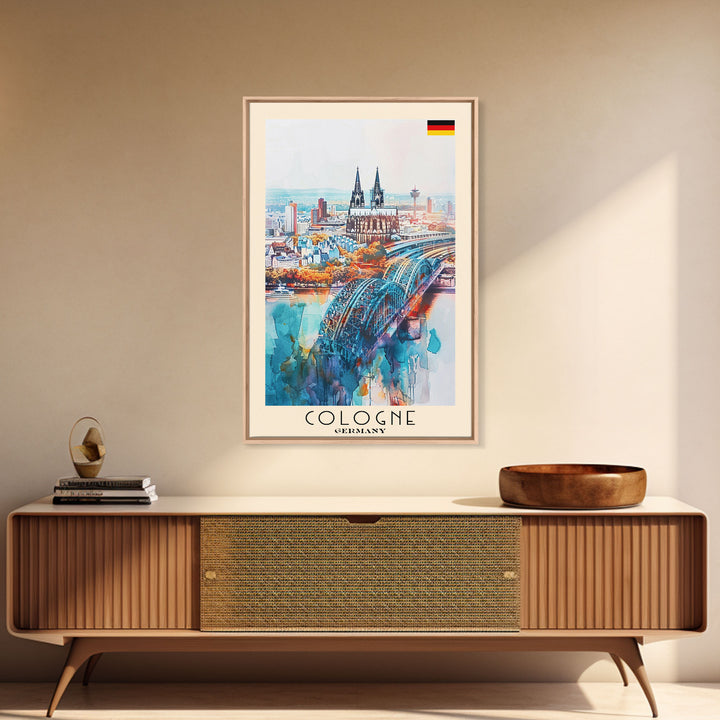 Cologne Germany Watercolor Travel Poster, Wood Framed Canvas Print, Boho Wall Art, Living Room Decor, Original Artwork, Cityscape Home Decor, Travel Print