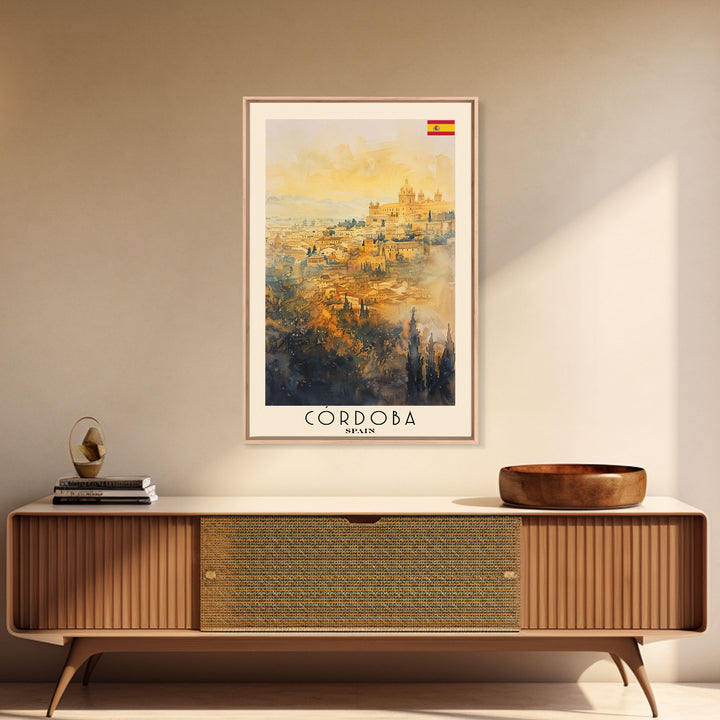 Cordoba Spain Travel Poster, Framed Canvas Print, Watercolor Cityscape Art, Wall Decor, Living Room Artwork, Home Decor, Original Painting, Travel Print