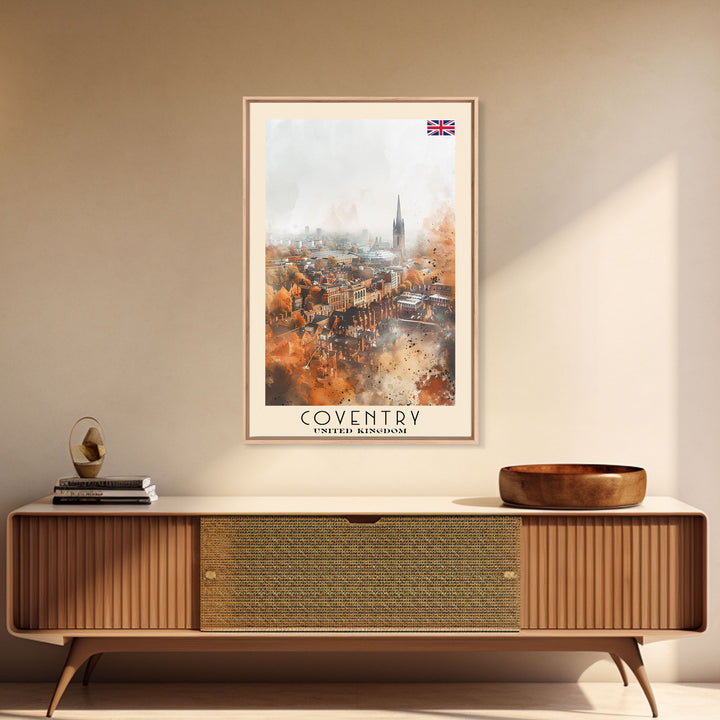 Coventry United Kingdom Travel Poster, Framed Canvas Print, Abstract Cityscape Wall Art, Home Decor, Living Room Decoration, Watercolor Art, Travel Print