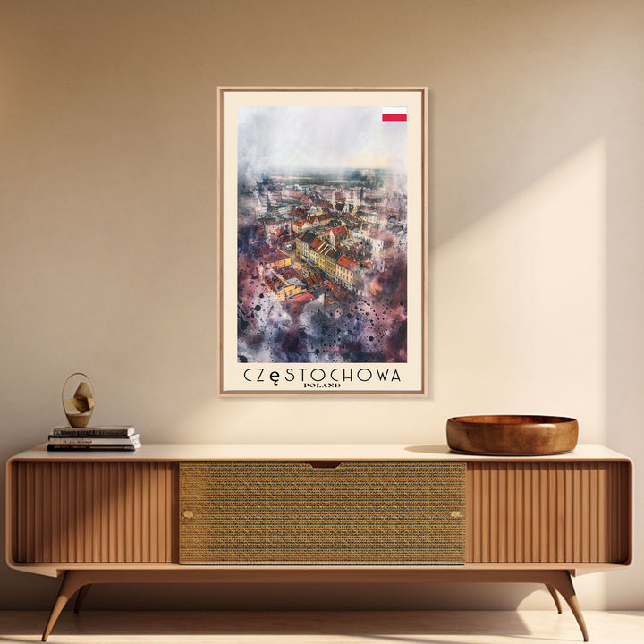 Czestochowa Poland Framed Canvas Print, Watercolor Travel Poster, Cityscape Wall Art, Home Decor, Living Room Artwork, Original Art, Travel Print