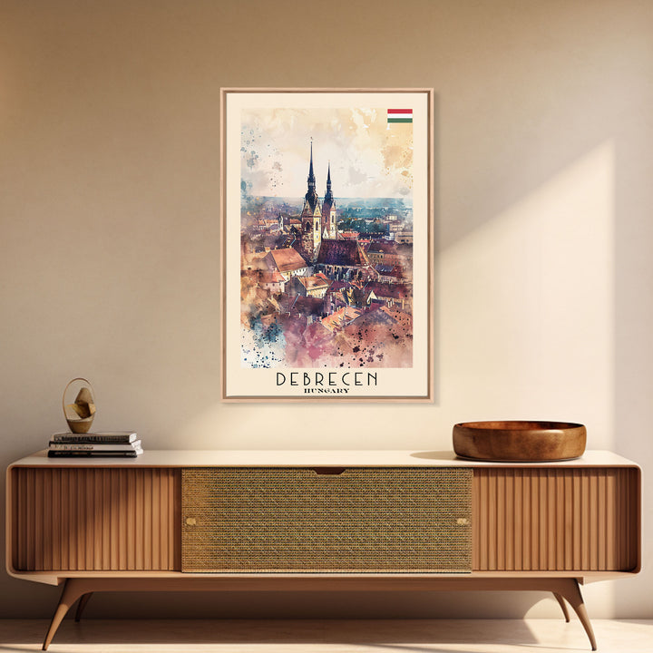 Debrecen Hungary Travel Poster, Framed Canvas Print, Watercolor Cityscape, Home Decor, Living Room Wall Art, Original Painting, Travel Print