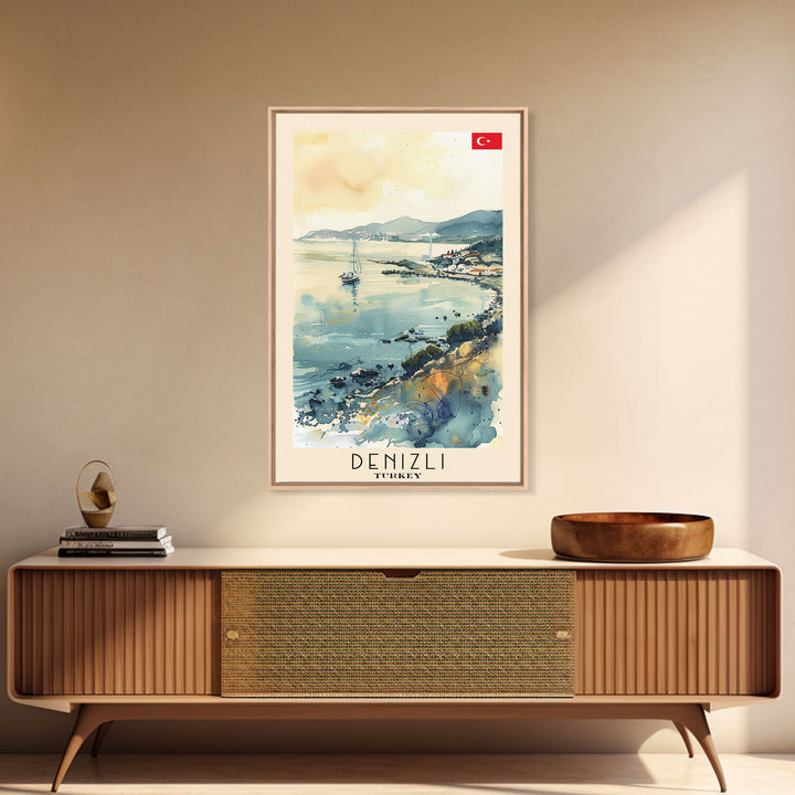 Denizli Turkey Watercolor Travel Poster, Framed Canvas Print, Coastal Cityscape Wall Art, Home Decor, Living Room Decoration, Original Artwork, Travel Print