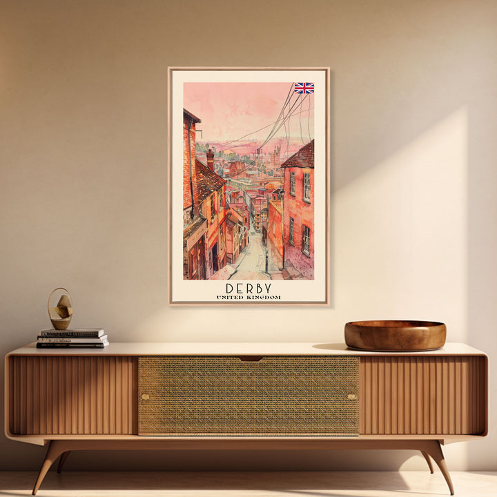 Derby United Kingdom Scenic Watercolor Framed Canvas Print, Vintage Travel Poster, British Wall Art, Rustic Home Decor, Retro Urban Artwork, Living Room Decoration
