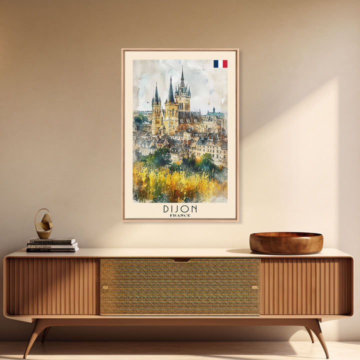 Dijon France Historic Landmark Framed Canvas Print, Watercolor Travel Poster, French Heritage Art, Classic Home Decor, Retro Wall Art, Living Room Piece